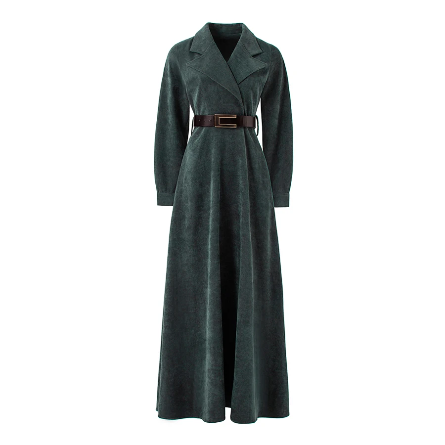 Autumn 2023 Winter Fashion Corduroy Maxi Sleeve Women High Waist Long Dress Green Vestidos