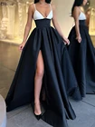 Черные Выпускные платья 2021 с V-образным вырезом и высоким разрезом атласное длинное платье для выпускного вечера с карманами на бретелях-спагетти сексуальное официальное вечернее Вечерние