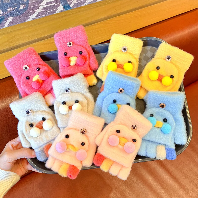 

1Pair Girls Boys Lovely Cartoon Kawaii Duck Winter Warm Plush Thick Gloves Colorful Knitting Fingerless Gloves For Children