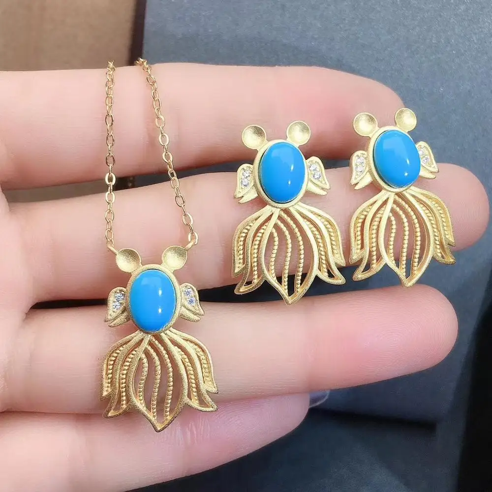 Комплект женских сережек и ожерелья из серебра натуральный голубой бирюзовый