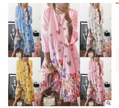 

2020 Summer New Hot Sale Retro Printed O-neck Linen Dress Women's Clothing