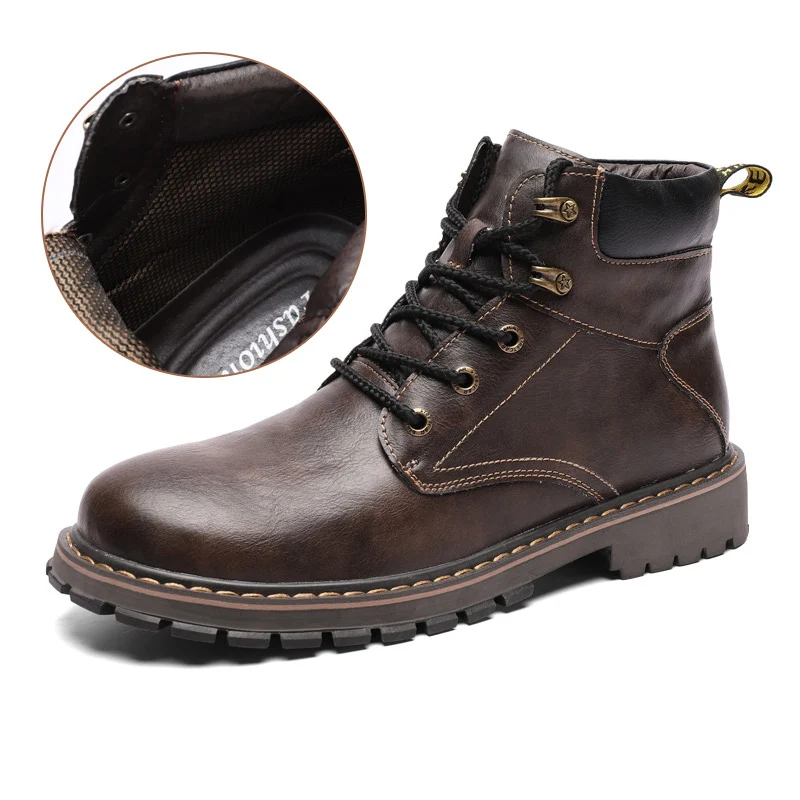 Dark-Brown Модные меховые черные, темно-коричневые, серые мужские зимние ботинки повседневная рабочая обувь высокие рабочие тонкие туфли Мужская обувь из искусственной кожи - Color: Dark-Brown