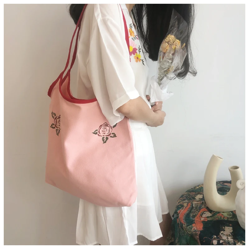 

Ladies Canvas Shoulder Bag Female Retro Rose Print Handbag Women Foldable Shopping Bag Student Book Bag Girls Casual Tote