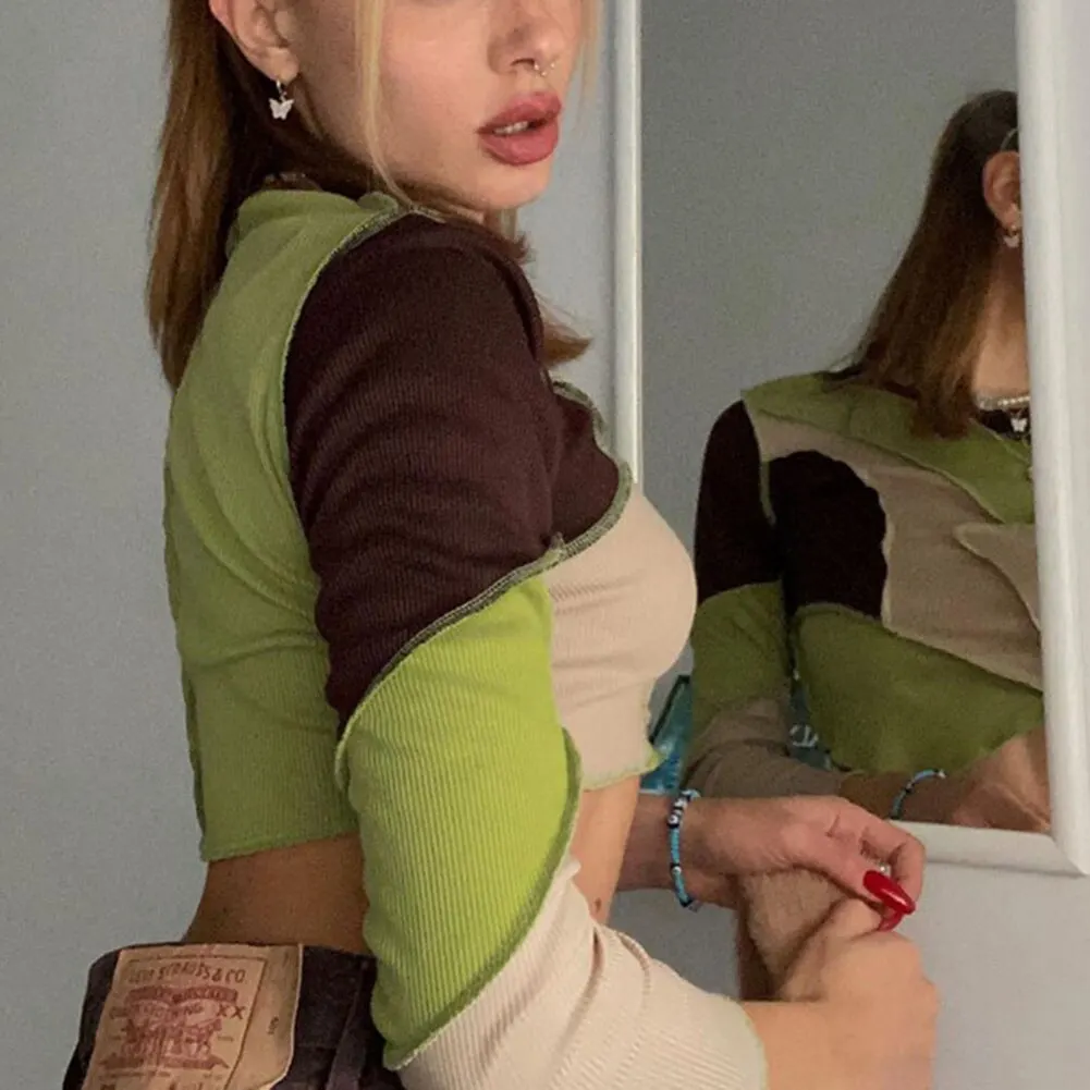 Женский укороченный топ в стиле пэчворк повседневная трикотажная футболка с