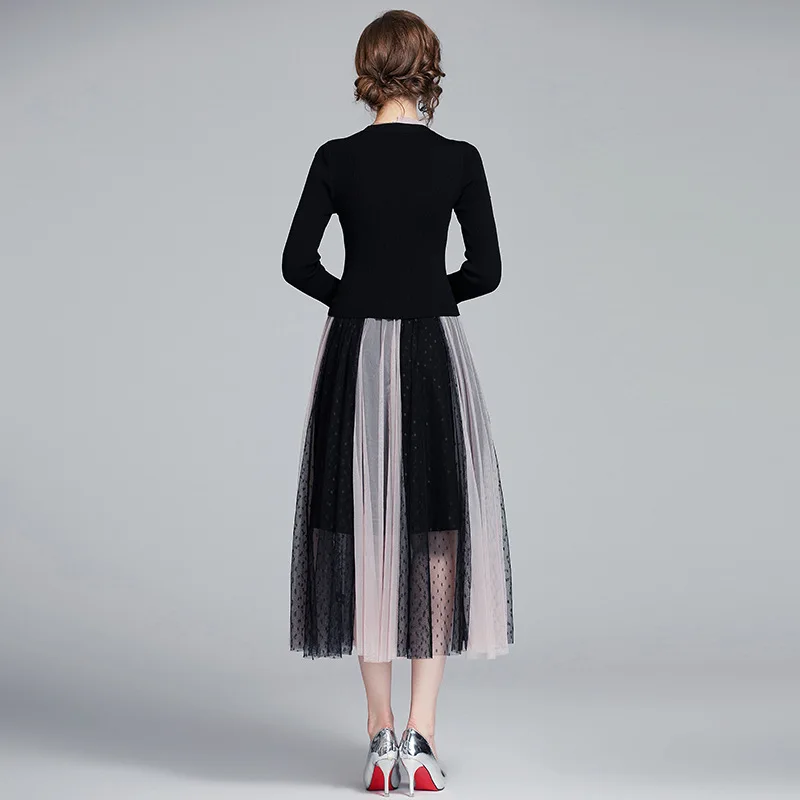 

Spring Dress Long Beach Party Dress Long Sleeve Mesh Patchwork Black Dress Women Plus Size Robe Longue Slim High-Grade Dresses