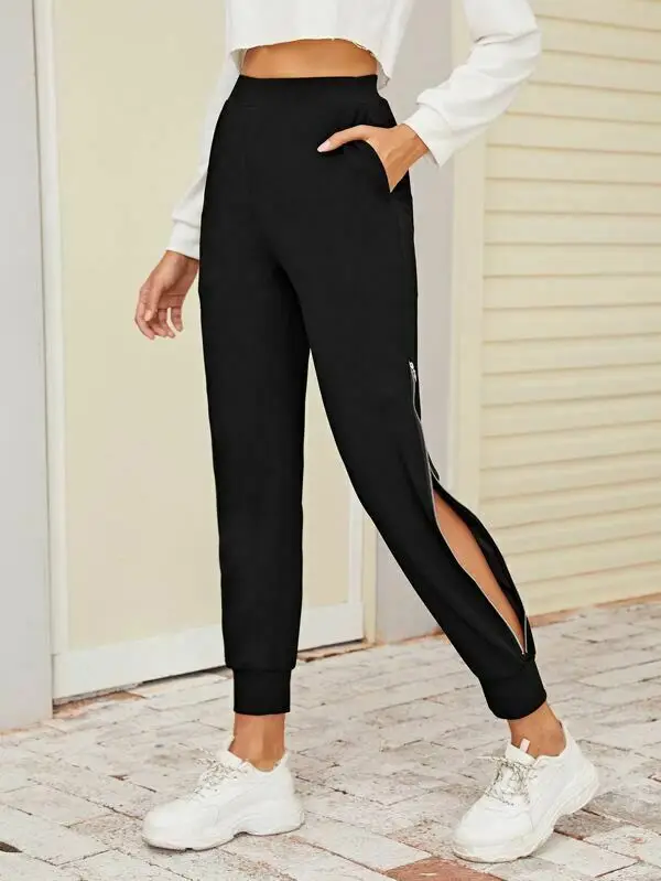 Fashion Women Black Zipper Hem Elastic Waist Long Sweatpants Trousers | Женская одежда