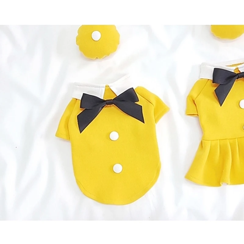 Yellow Dog Skirt Summer Thin Clothes Puppy Couple Outfit Bow Tie Pullover Fashion Pet Dress With Hat XS-XL |