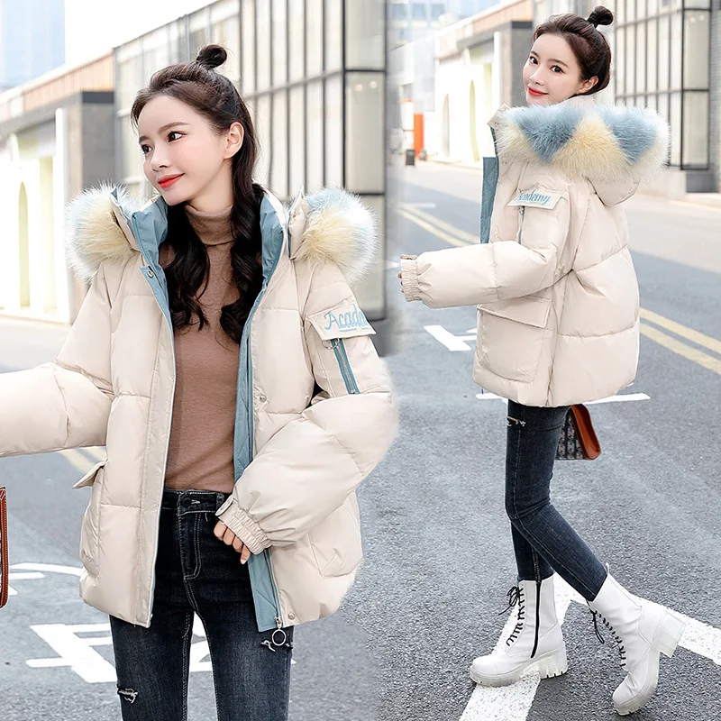 

2021 Winter Cotton Padded Jacket Women High Quality Fur Collar Loose Korea Coats Solid Thicken Warm Outerwear Female LD2645