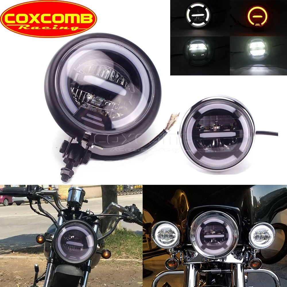 

For Harley Cafer Racer Chopper Bobber Scrambler Street Tracker Angle Eye White LED Day Running Head Lamp HI/LO Beam Headlight