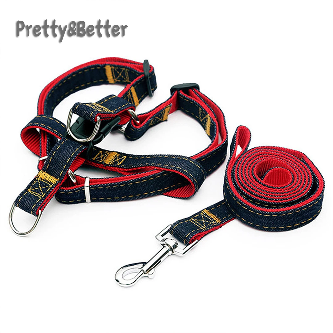 

Pretty&Better Jean Denim Leash Harness Dog Collar Pet Adjustable Collar Small Medium Large Dog Outdoor Training Cat Rope Belt