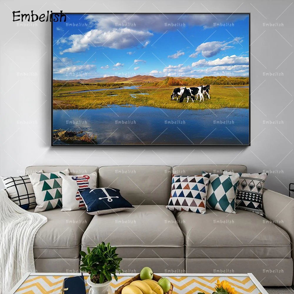 

Embelish 1 Pieces Cow On The Grass Landscape Wall Pictures For Living Room Modern Home Decor Posters HD Print Canvas Paintings