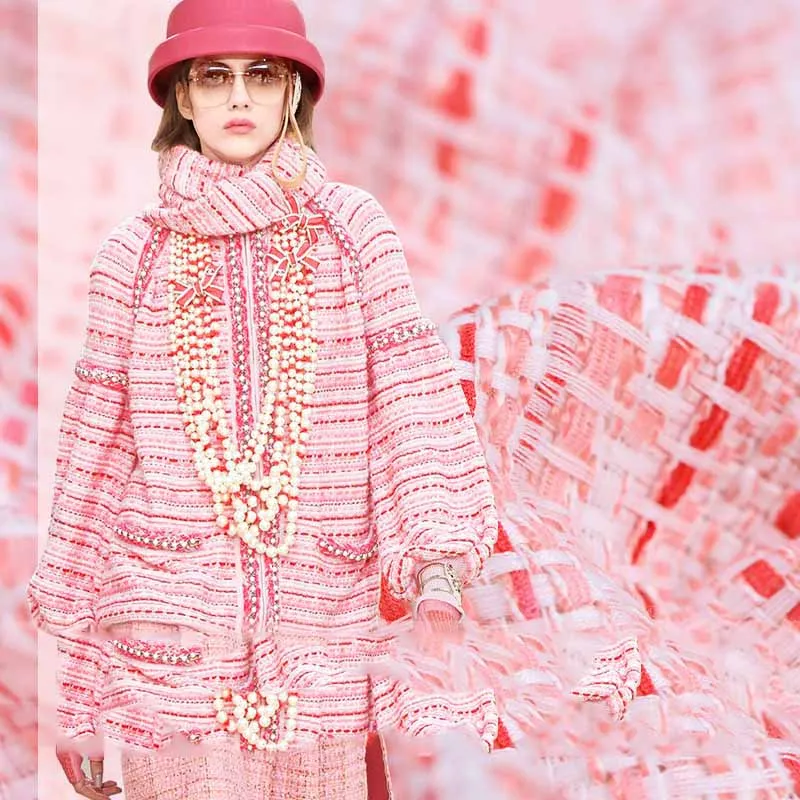 

Ткань для одежды из смесовой ткани розового и белого цветов шириной 145 см, из ткани твидовый