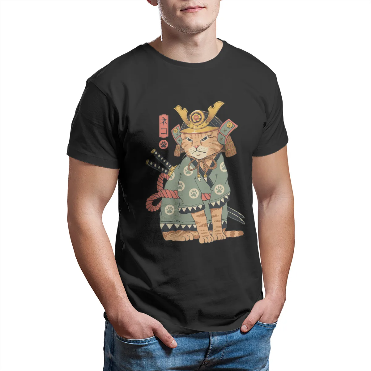 

Japanese Anime cat Neko Samurai New US Size Girl High Street male T-Shirts 137607