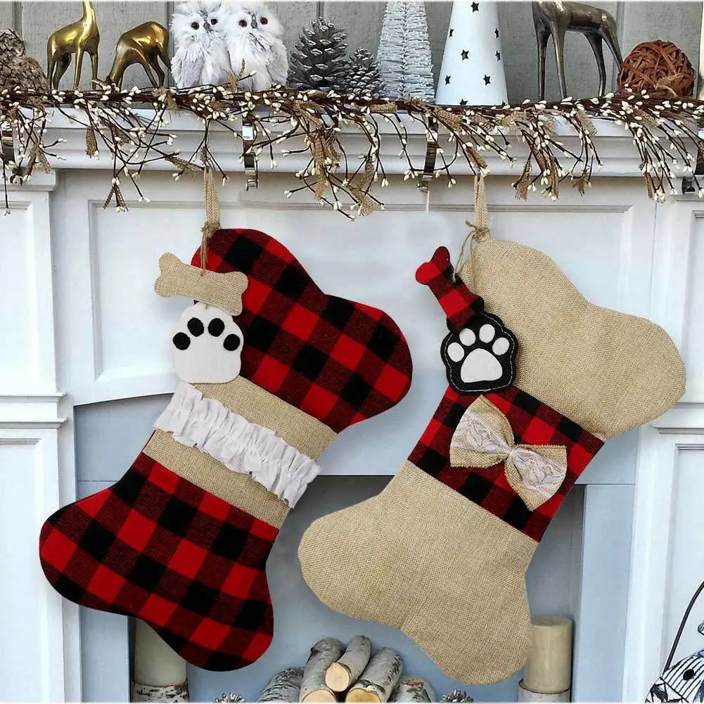 

Christmas decorations Christmas socks gift bags linen gingham bones pet Christmas decoration socks