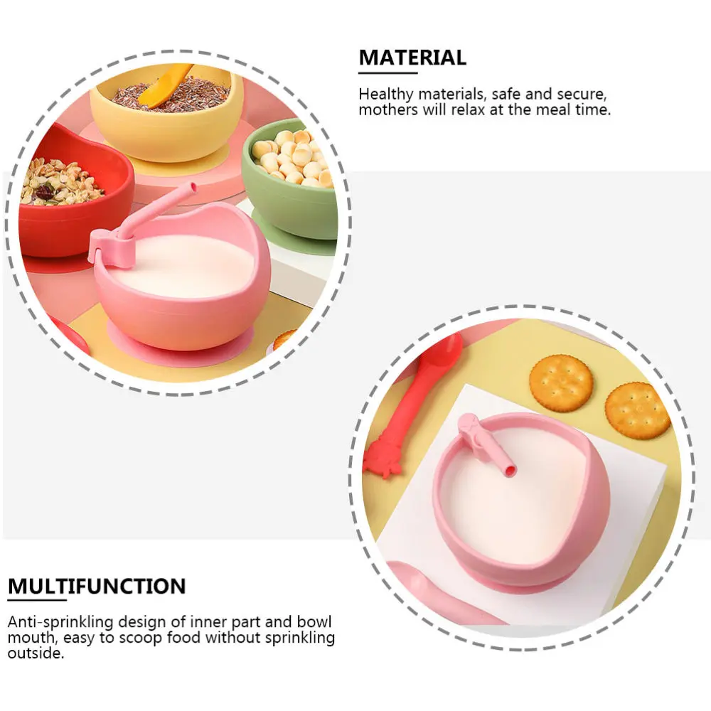 

1 Set of Baby Tableware with Sucker Silicone Feeding Bowl with Spoon Straw