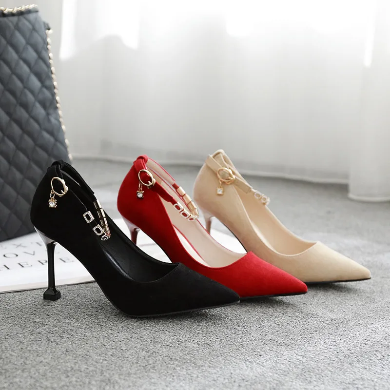 

Women's shoes 2020 One word buckle cat 5CM/7CM/8.5CM heel high heels women stiletto pointed toe women's single shoes plus size