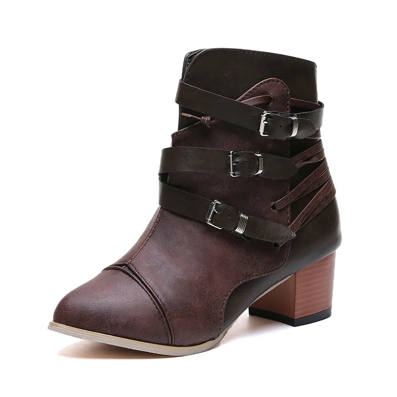 Модные новые женские ботинки Короткие однотонные Винтажные с пряжкой и круглым
