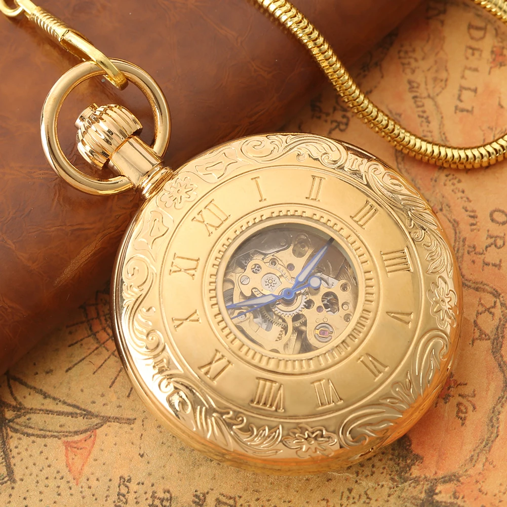 

Automatic Mechanical Pocket Watch Roman Numerals Copper Case Cover Golden Classic Digital Dial Noble Pendant Gifts For Female