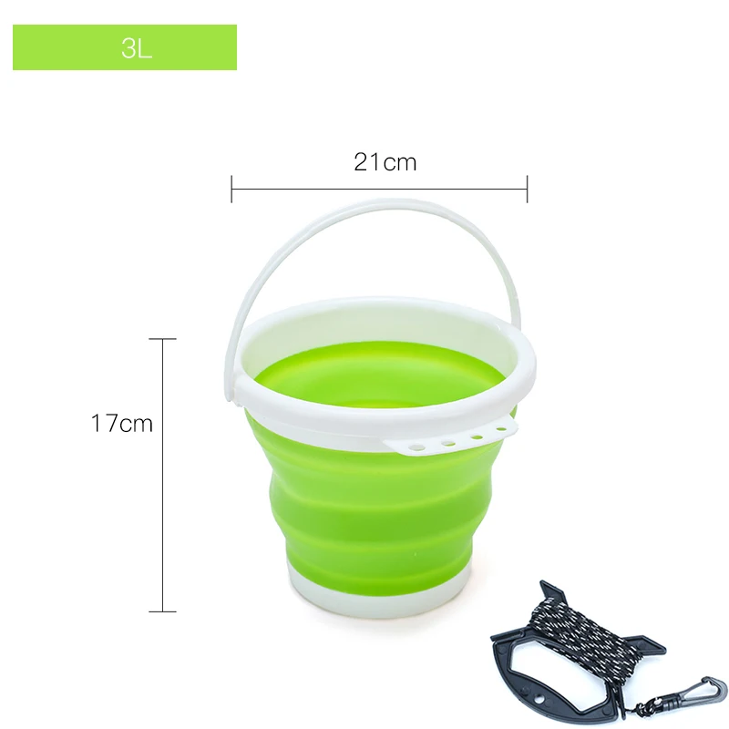 1.5-10L Portable Folding Bucket Outdoor Thick PP Silicone Fishing Supplies Folding Bucket for Fishing Promotion camping Car Wash - Цвет: 3L Green AND 6m rope
