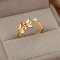 fashion zircon leaves flower stud rings for women stainless steel simple exquisite charm jewelry wedding girl friend gift