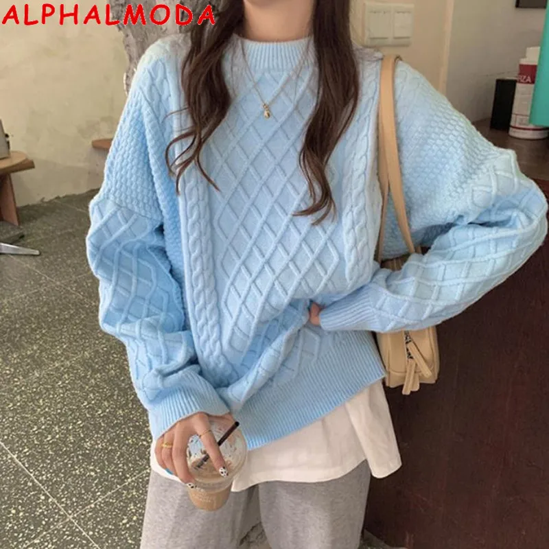 

ALPHALMODA New Twisted Pullovers Loose Sweater Women All-match Casual Long Jumper Solid Trendy Winter Outfit