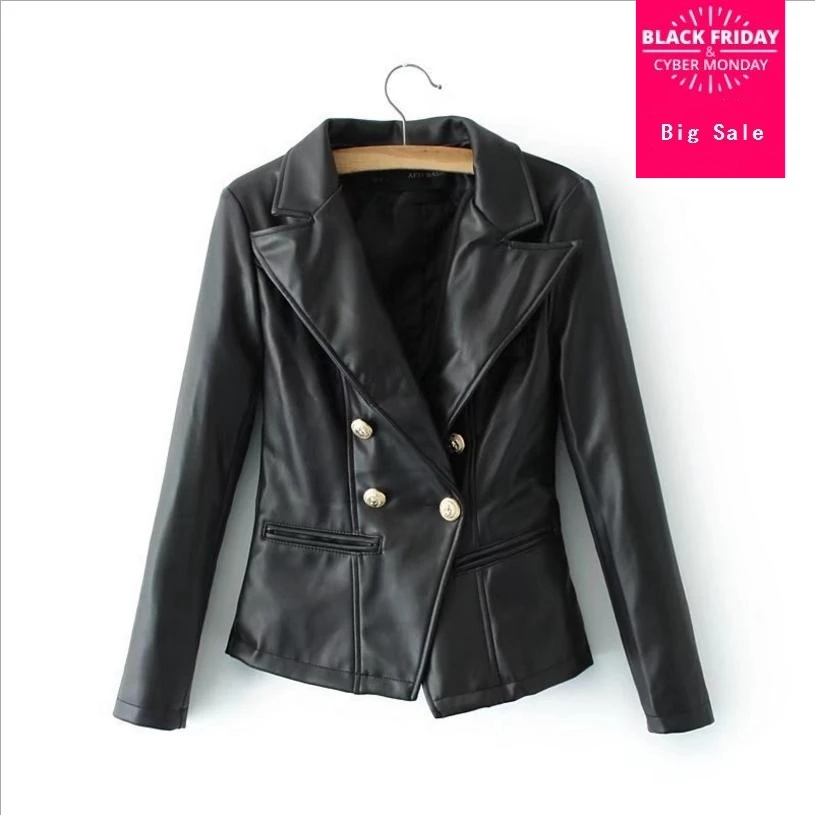 

2018 осенне-зимняя новинка Женская куртка из искусственной кожи модное металлическое двубортное тонкое мотоциклетное кожаное пальто женска...