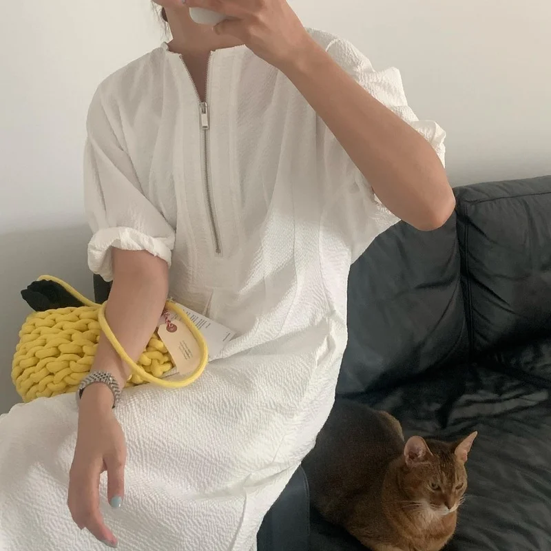 

Zipper Design Pleated Dress Women Korean Chic O-Neck Short Sleeve Lady Vestidos Elegant Slim Waist Mid Calf Female Dresses