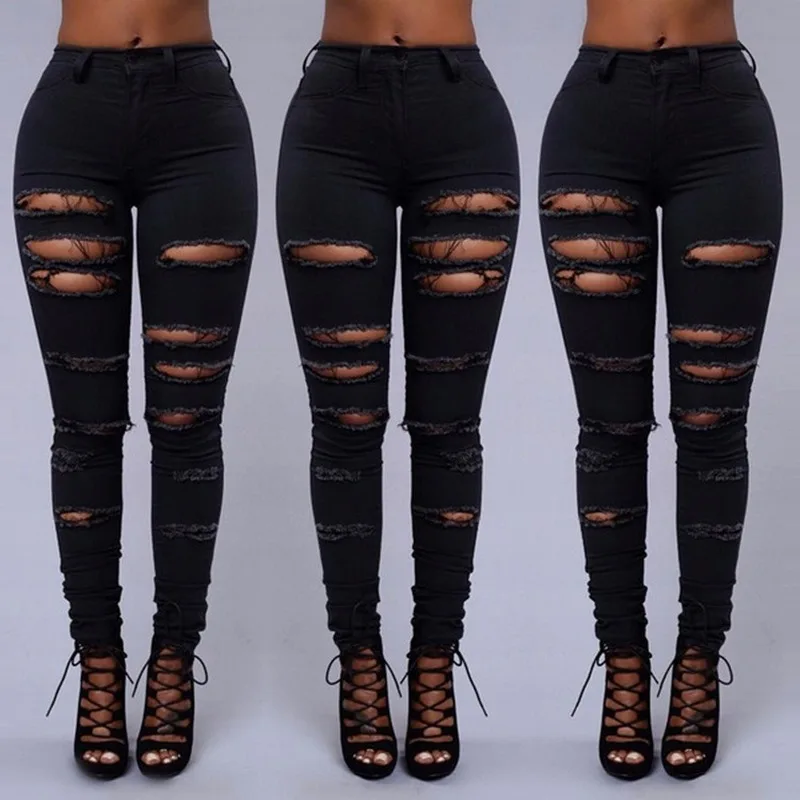 Женские джинсы с высокой талией черные рваные женские обтягивающие повседневные