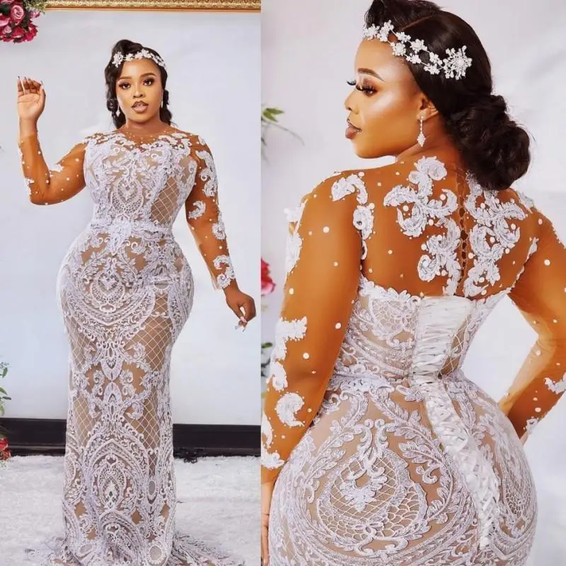 

Fashion Plus Size Mermaid Lace Wedding Dresses Sheer Bateau Neck Long Sleeves Beaded Bridal Gowns Sweep Train Robe De Mariée