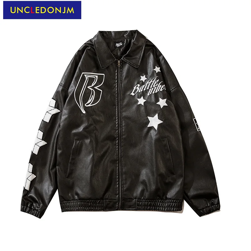 

UNCLEDONJM vintage PU leather star embroidery baseball uniform jacket street punk motorcycle men women casual lapel jacket 9221