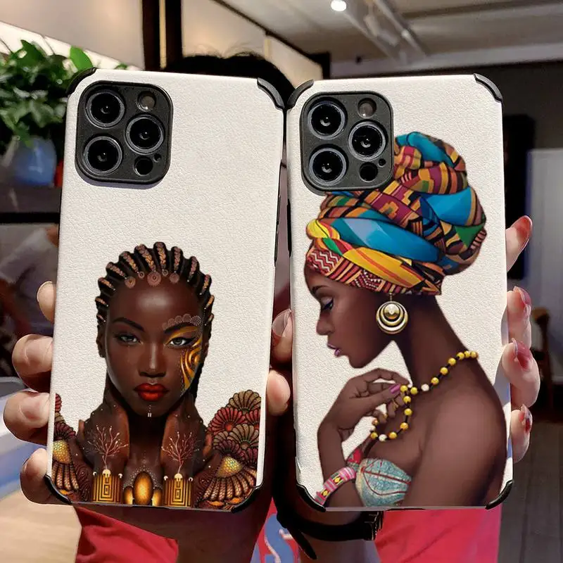 

Art African Girl Phone Case Lambskin Leather For iphone 12 11 8 7 6 XR X XS PLUS MINI PLUS PRO MAX Shockproof