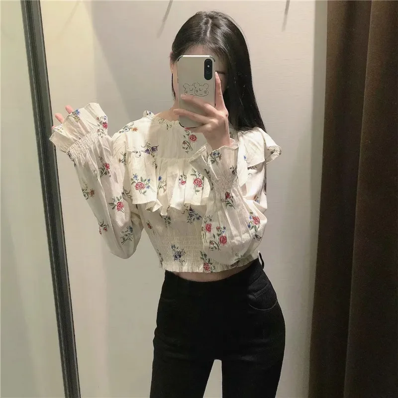 

PSEEWE Za 2021 Floral Print Crop Top Women Spring Ruffle Long Sleeve Chic Woman Blouse Fahion Elastic Hem Beautiful Blouses