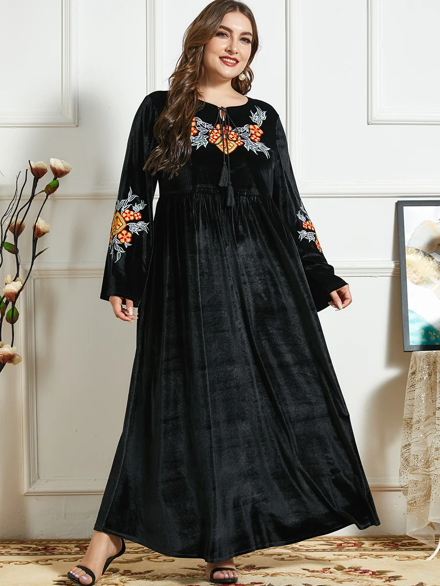 Женское бархатное платье-кафтан, зимнее длинное платье макси черного цвета с вышивкой в мусульманском стиле, вечернее платье 2021