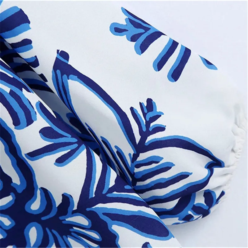 

NWOMN Za 2021 Women BlouseBlue Print Summer Woman Top Long Puff Sleeve Vintage Blouse Female Asymmetric Hem Casual Ladies Tops