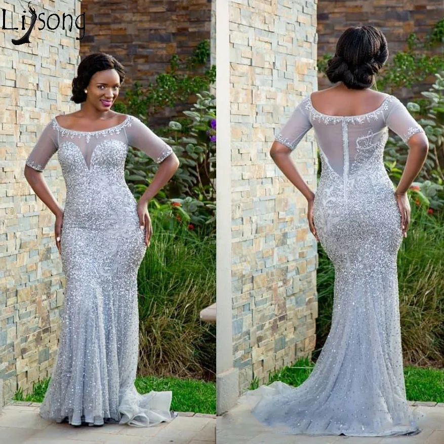 Серебряное Вечернее Платье Русалка Aso Ebi в нигерийском стиле с коротким рукавом и