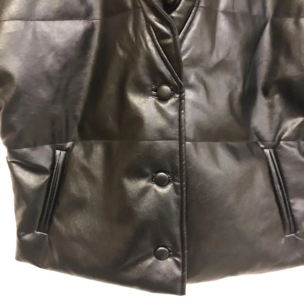 

Black Vest Women Faux Leather Sleeveless Single Breasted Jacket