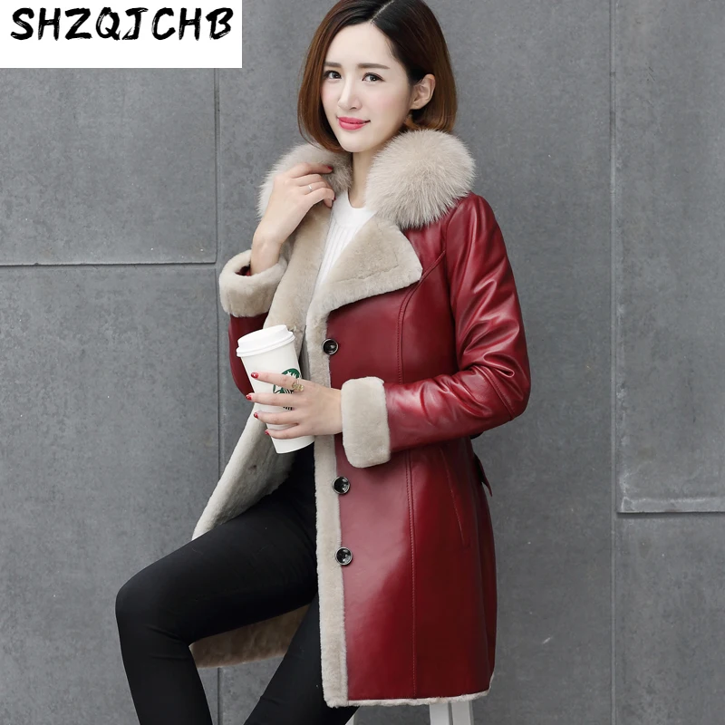 

SHZQ меховое Женское пальто все в одном, средней длины, пальто из овечьей кожи, меховое пальто с воротником из лисьего меха
