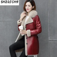 shzq fur all in one womens coat medium long sheepskin leather coat fox fur collar fur coat