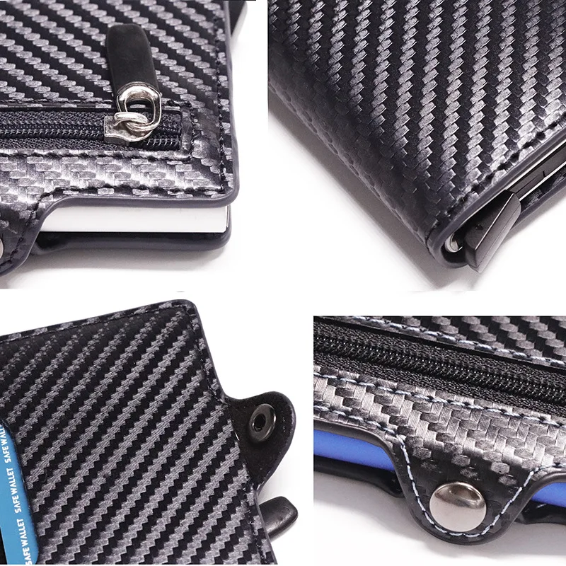 

Bycobecy Top Quality Carbon Fiber Anti RFID Credit Card Holder Business Men Button Wallet Male Coin Purse ID Holder With Zipper