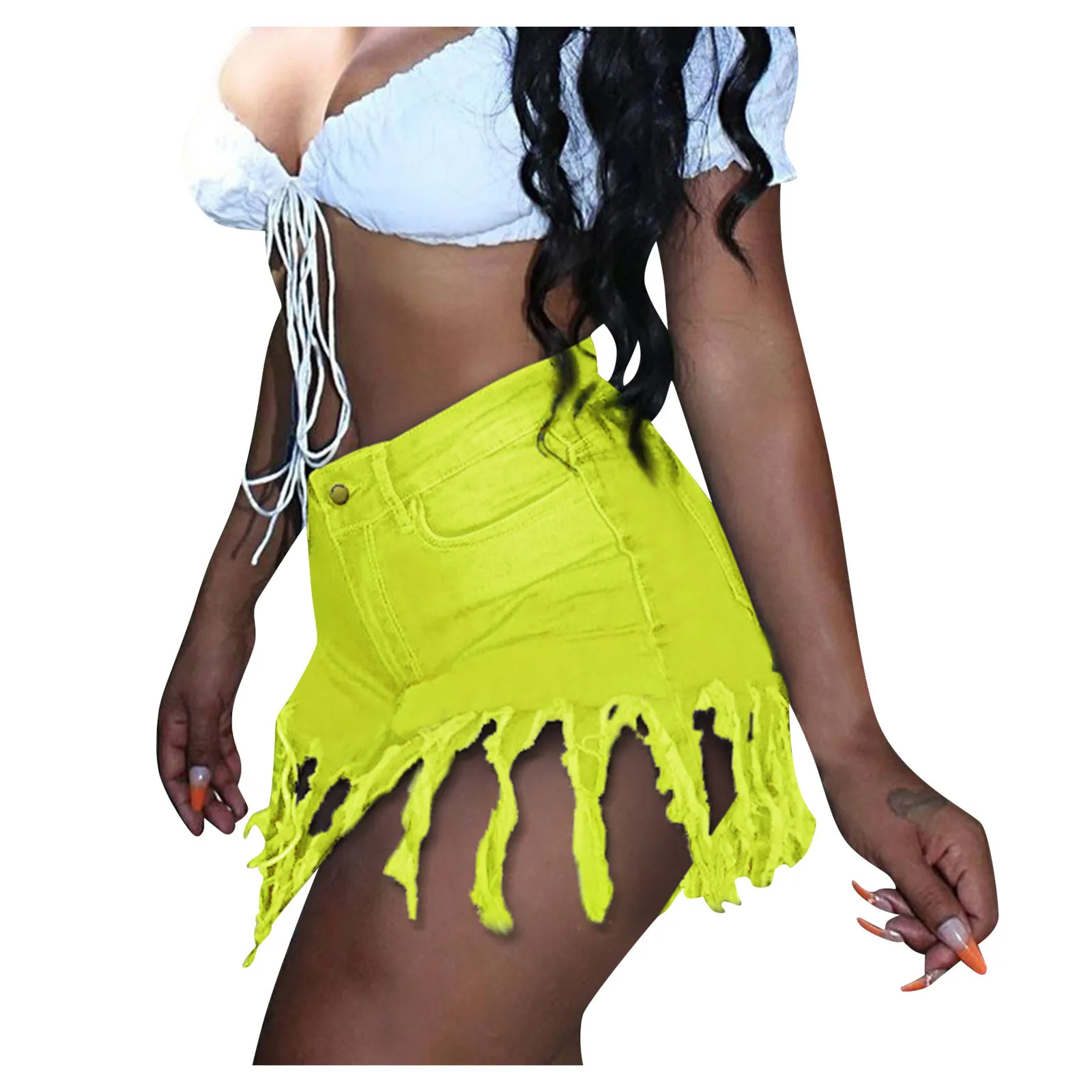 

TELOTUNY Summer Women's Denim Shorts Casual Frayed Tassel Ripped Short Jeans Fashion Soild Color Demin Short Pants With Pocket