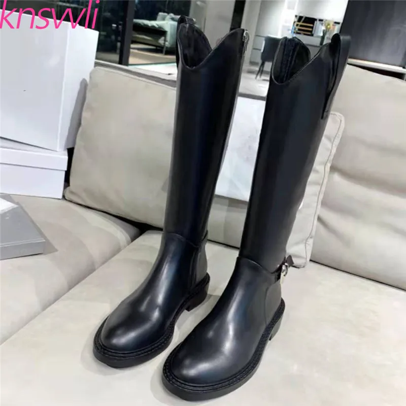 

Black Knee High Boots Women Flat Knight Boots Woman Genuine Leather Spring Autumn Booties Female Fashion Shoes Women Long Boots