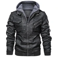 mens outwear bomber vintage autumn black pu leather casual jacket slim fit motorcycle biker coats removable hood man clothing
