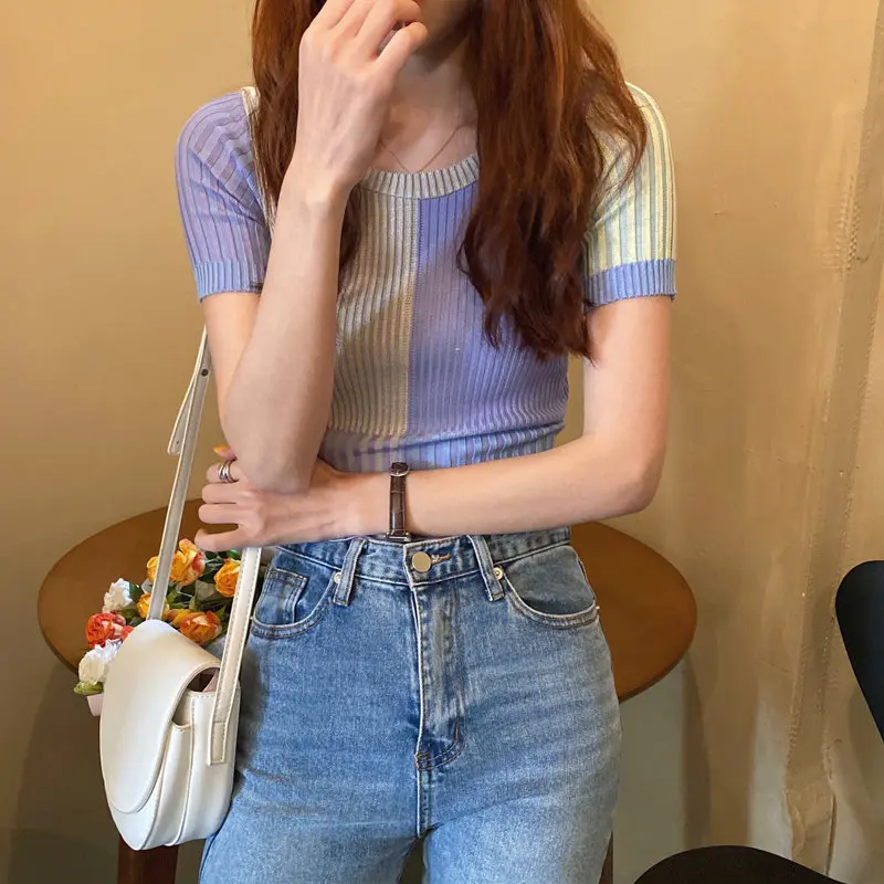 

Color-Hit Short Sleeve Knitted Summer 2021 Women's Sexy Slim High Waist New Korean Slim Girls Tops Short T-shirts