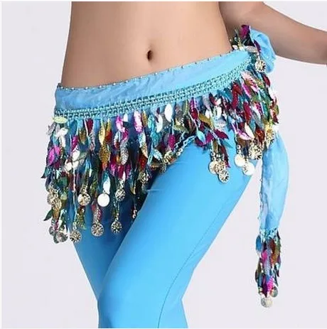 Новый стиль костюмы для танца живота шифон листья золотые монеты танец хип шарф