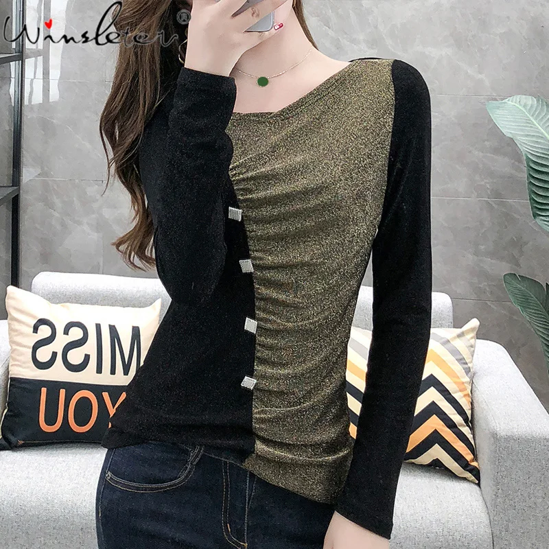 

2020 New Summer Women Color Block Patchwork Long Sleeve Tops Tshirt Casual Fashion Chic Buttons Bottoming Female Tshirt T07705B