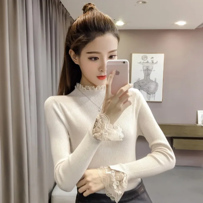 

Sexy Fashion Sweater Women 2021 Half High Neck Sweater Women Autumn and Winter New Lace Long-sleeved Blouse Warm Base Sweater
