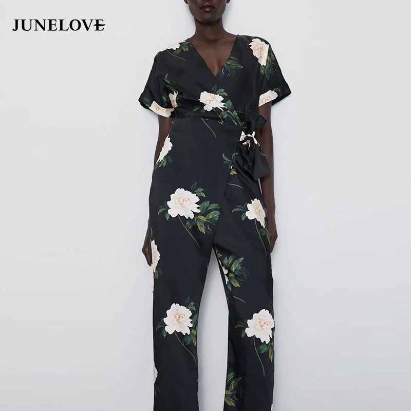 JuneLove женские комбинезоны с коротким рукавом Boho цветочным принтом в винтажном