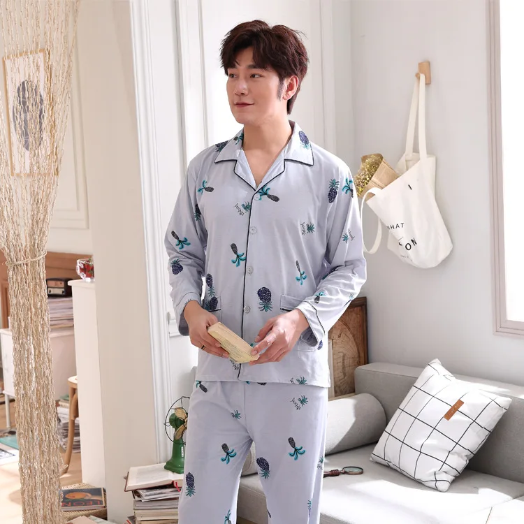Пижамный комплект Мужской Хлопковый рубашка для отдыха и сна штаны дома