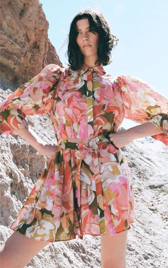 

DEAT 2021 new summer fashion women clothes turn-down collar lantern sleeves printed high waist mini length vestido WS12409L
