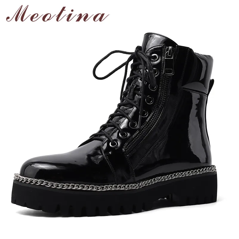 

Meotina Ankle Boots Women Shoes Chain Platform Mid Heel Short Boots Round Toe Block Heels Zip Lace Up Boots Lady Winter Size 44